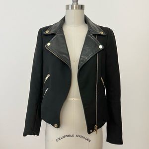 ZARA Black Moto Leather Combo Fabric Asymmetrical Zip Jacket w/ Gold Hardware S